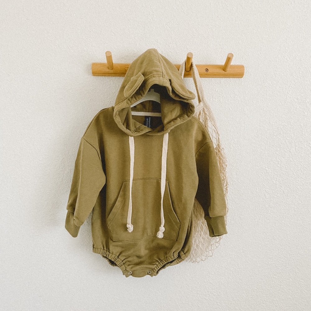 Olive green bear hoodie onesie
